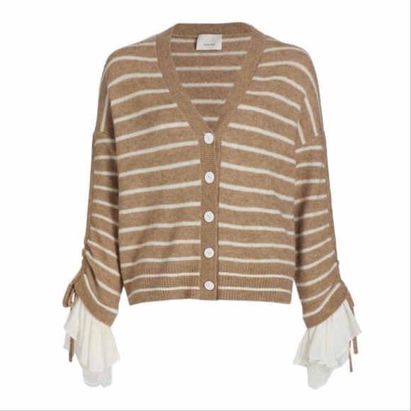 CINQ À SEPT Atlas Striped Wool Blend Cardigan Size Small Dark Oatmeal - Picture 1 of 12